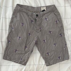 Club Monaco Gray Cotton Shorts with Purple & Navy Cross Motif